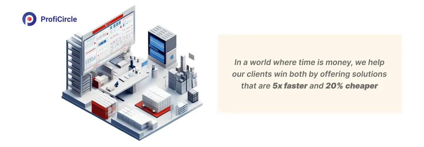 Illustration de la plateforme numérique ProfiCircle présentant un processus optimisé de sourcing d'entrepôt, avec l'interface de la plateforme affichée sur un grand écran entouré de représentations graphiques d'entrepôts, d'étagères et de systèmes informatiques.